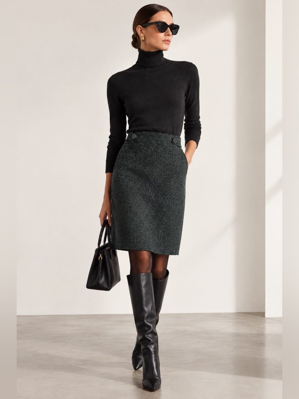 Ann Taylor Virgin Wool Tweed Pencil Skirt in Dark Green Very Chanel Chic size 4